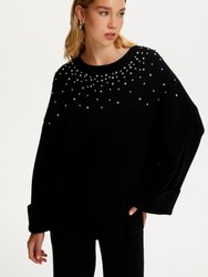 Crystal Stone Detailed Knit Sweater - Black