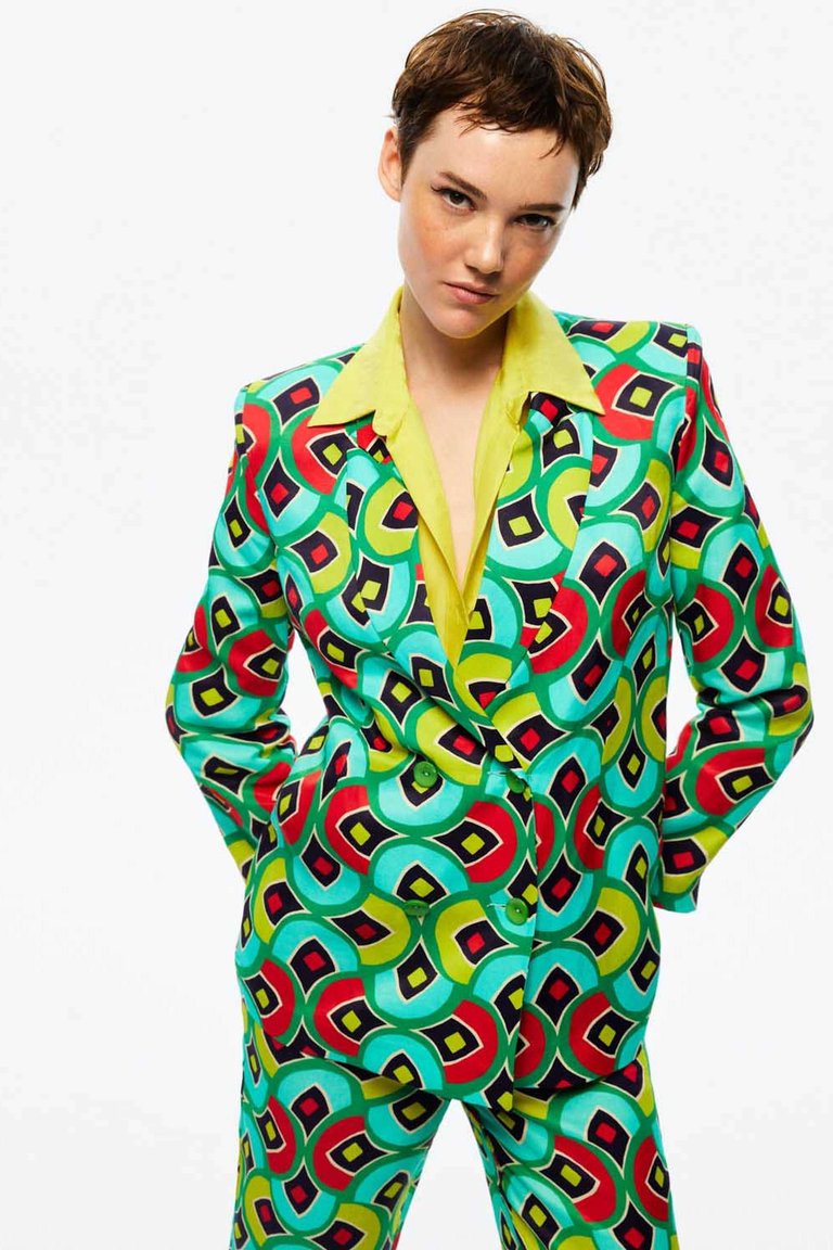 Double-Breasted Print Jacket - Multi-Colored