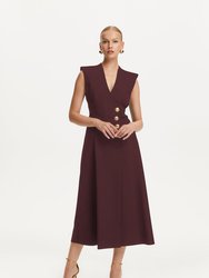 Double-Breasted Shoulder Pad Midi Dress - Burgundy