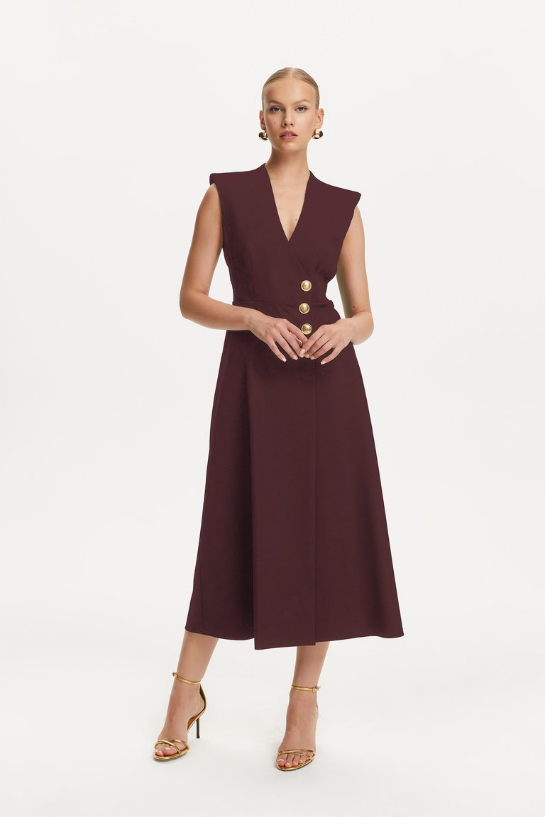 Double-Breasted Shoulder Pad Midi Dress - Burgundy