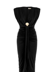 Draped Dress With Shoulder Pad - Black