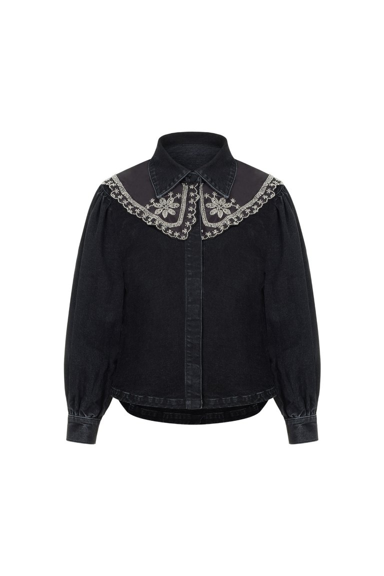 Embroidered Collared Denim Shirt - Charcoal Anthracite