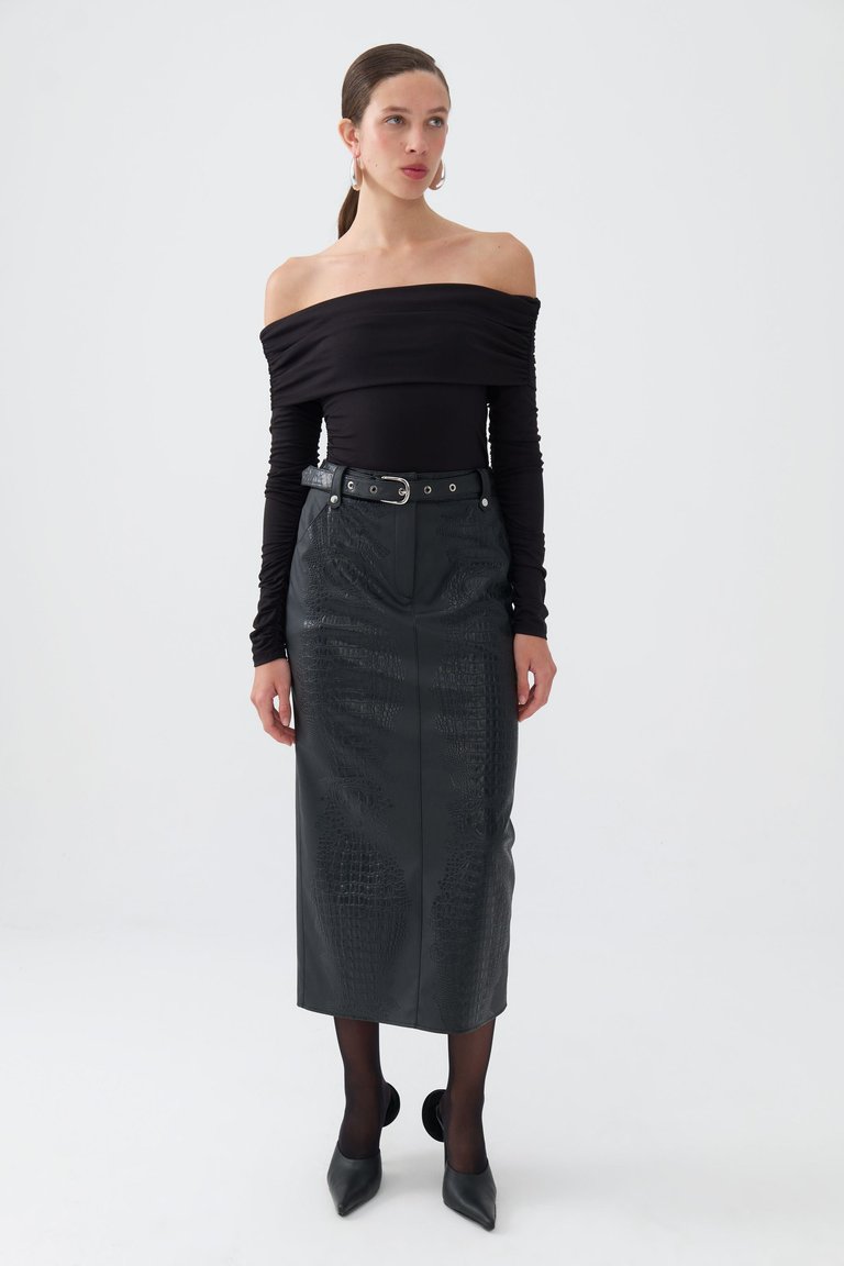 Faux Leather Midi Skirt with Belt - Black