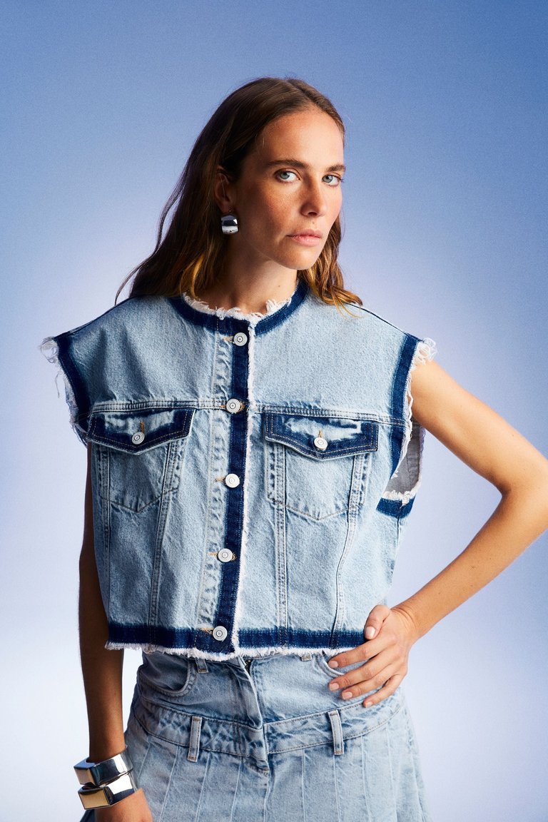 Fringed Jean Vest - Light Blue