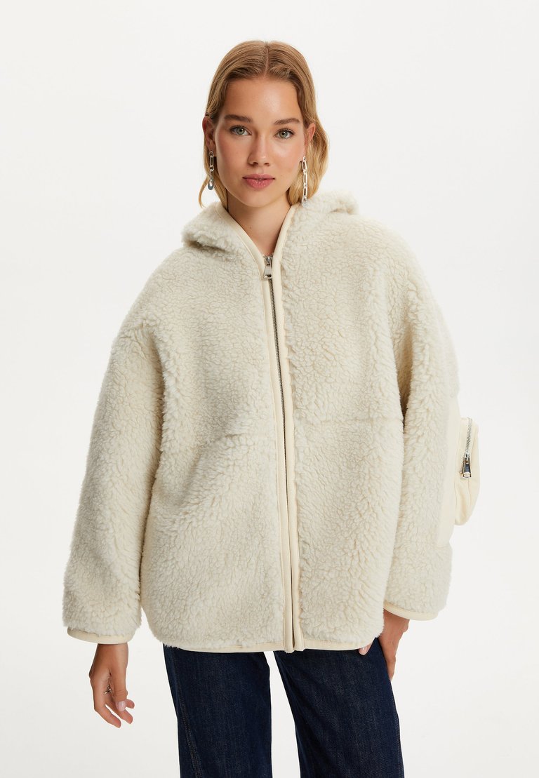 Hooded Faux Fur Jacket - Ecru