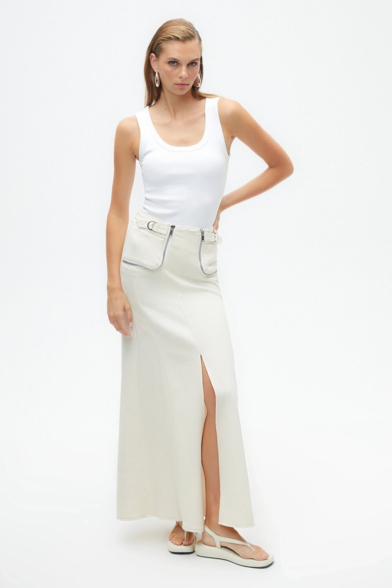 Long Skirt with Zipper Detail - Ecru