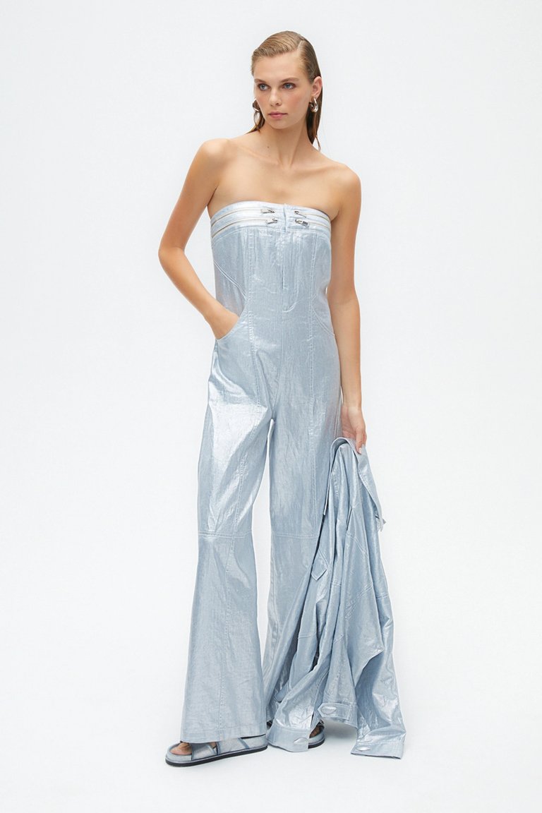 Metallic Strapless Jumpsuit - Ice Blue