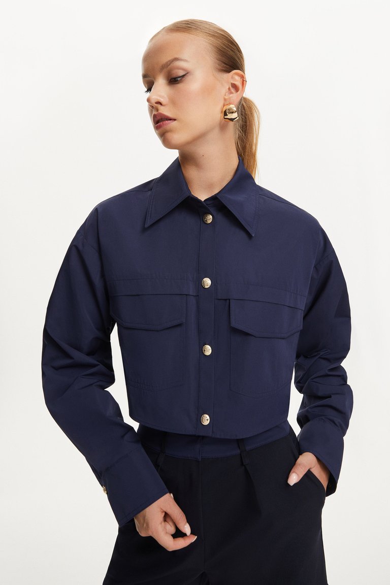 Multi-Pocket Cropped Shirt - Navy Blue