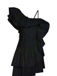 One Shoulder Draped Taffeta Dress - Black