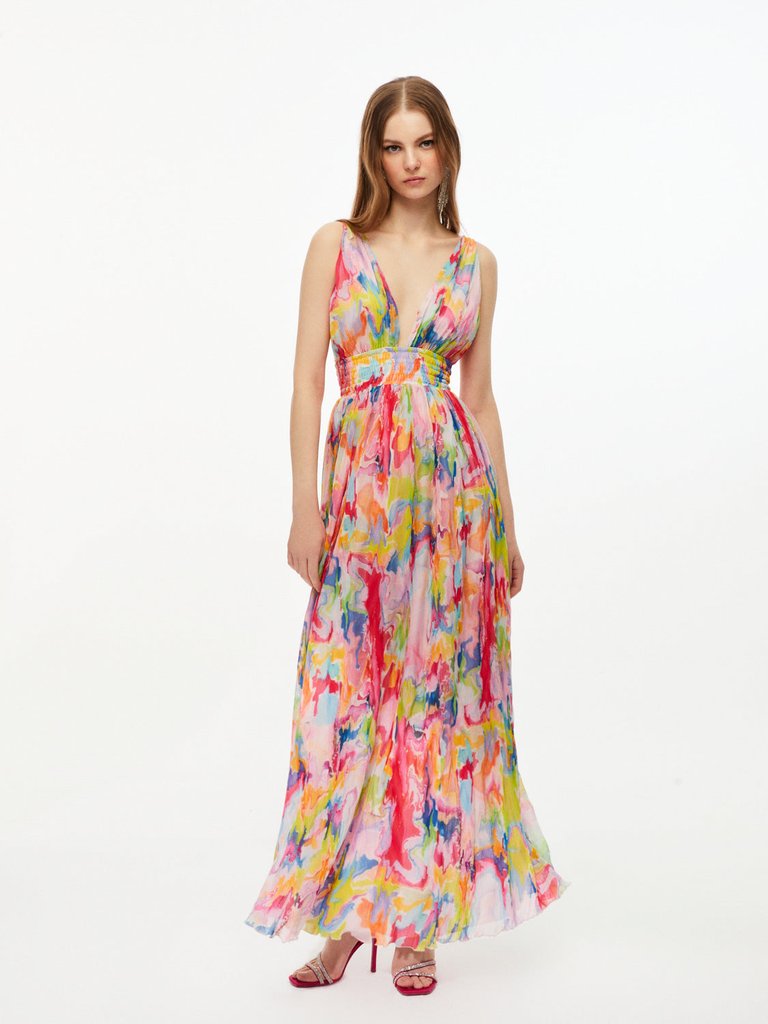 Open Back Printed Dress - Multi-Colored