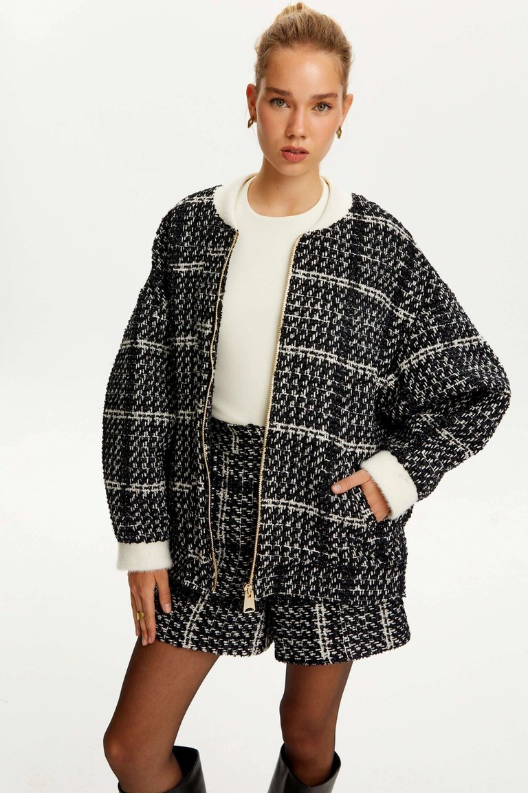 Oversized Tweed Bomber Jacket - Multi-Colored