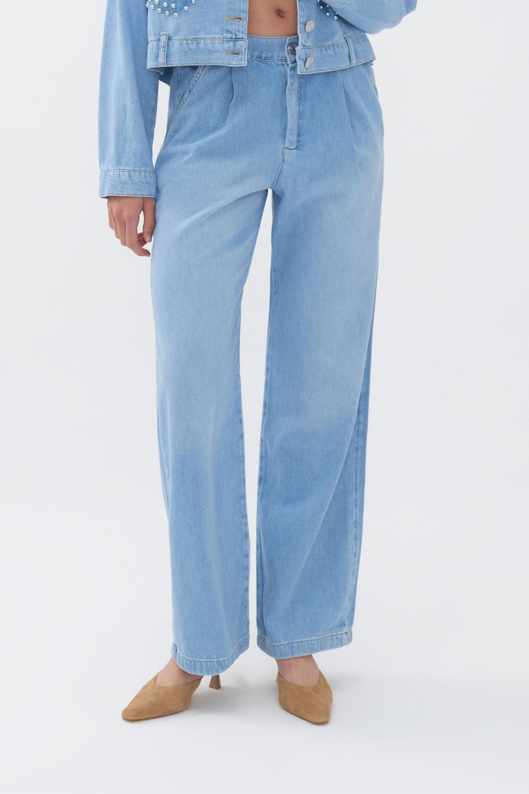 Pleated Wide Leg Jeans - Ice Blue