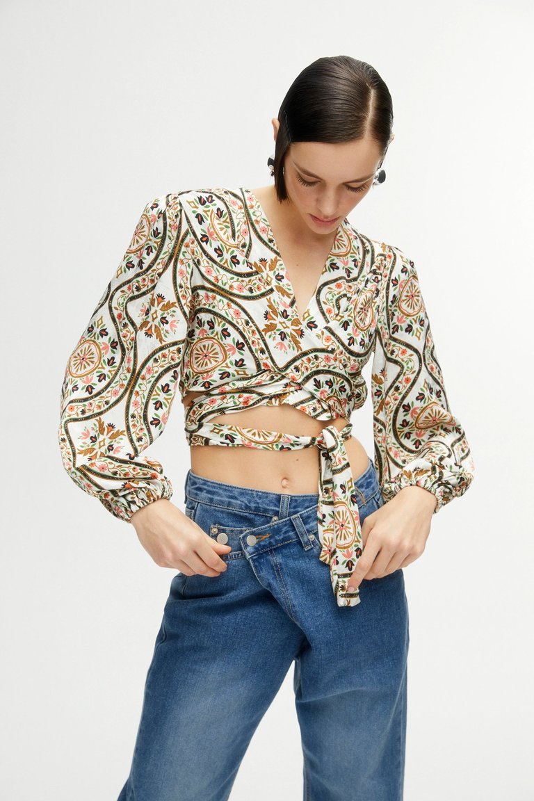Printed Double-Breasted Crop Top - Multi-Colored