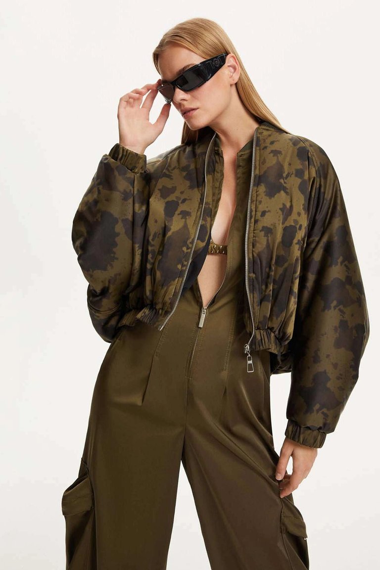 Printed Satin Bomber Jacket - Multi-colored