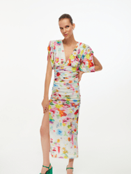 Printed Shoulder Pad Draped Dress - Multi-Colored
