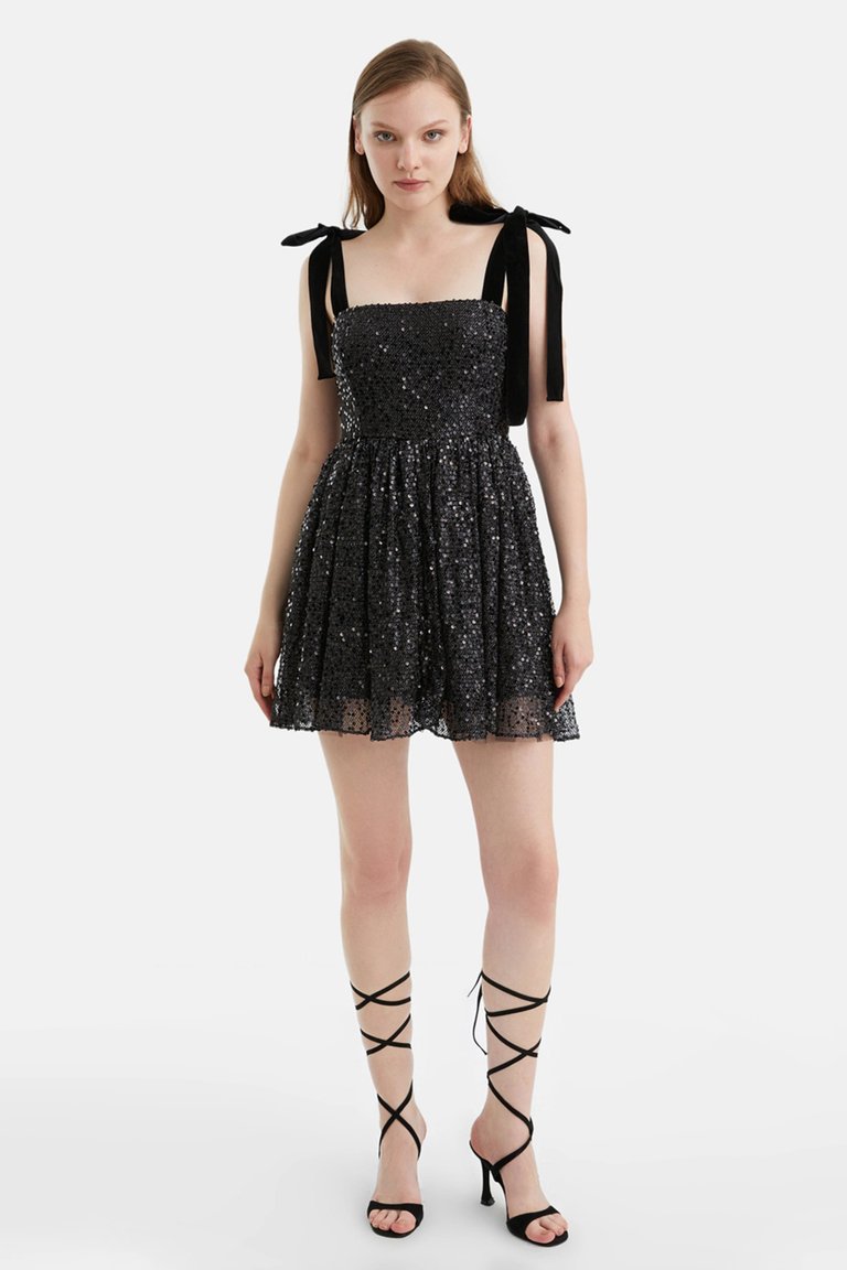 Sequined Flowy Mini Dress - Black
