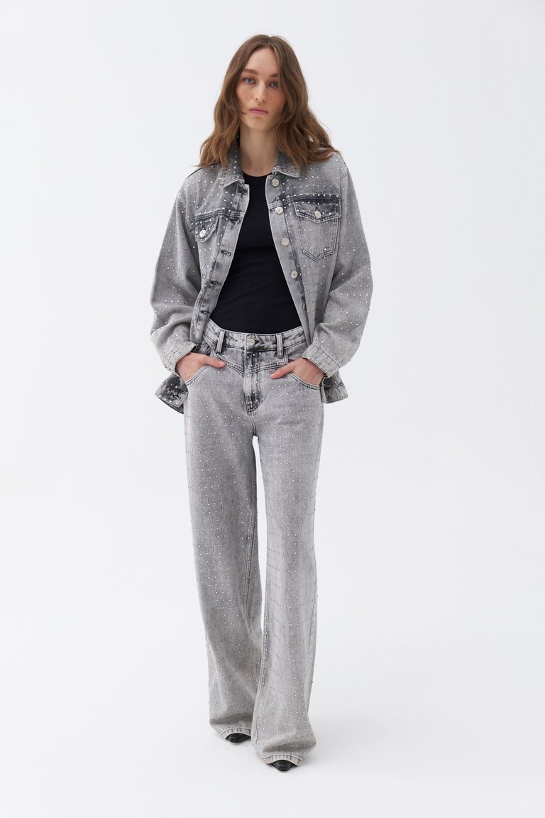 Stone Embroidered Boyfriend Jeans - Light Grey