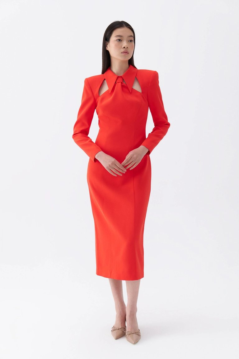 Tie Neck Midi Dress with Shoulder Pad - Red - Red