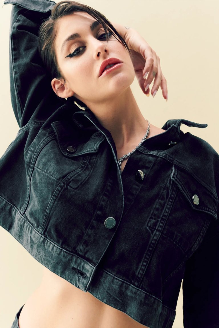 Two Toned Pocketed Denim Jacket - Charcoal