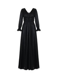 V-Neck Ruched Long Dress - Black