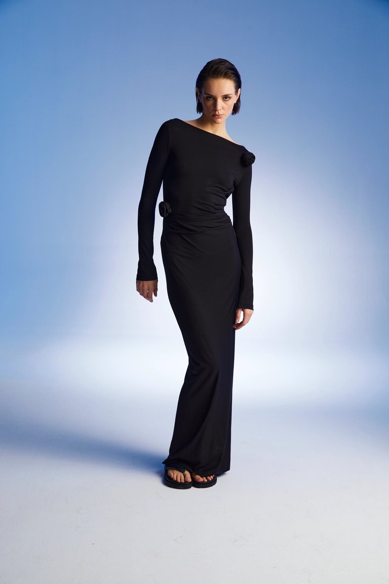 Wide Collar Long Dress - Black