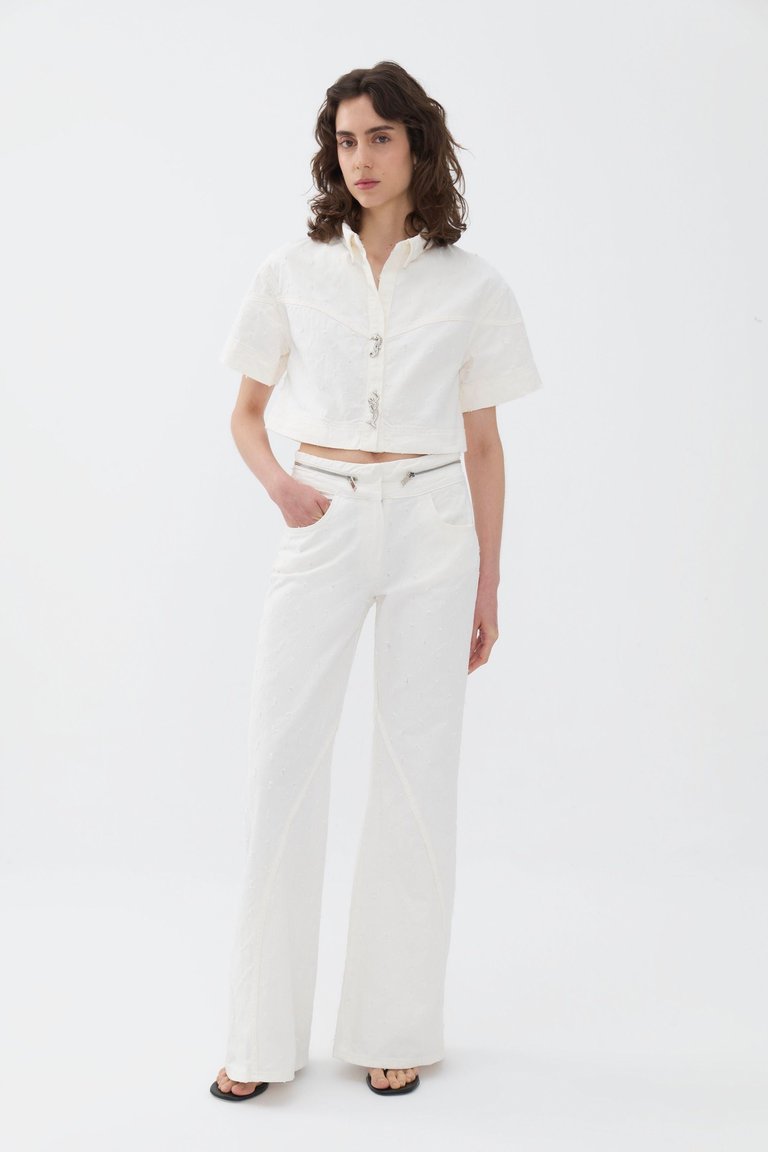 Wide Leg Jeans with Zipper Detail at Waist - Off White - Off-White 