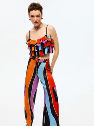 Wide-Leg Pants With Adjustable Waistband - Multi-Colored