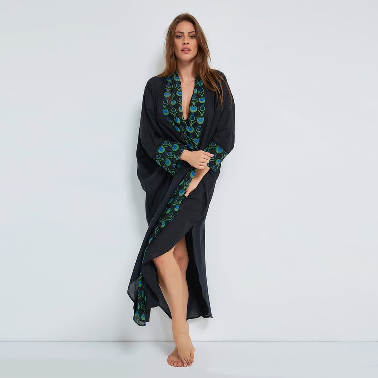 Cotton Kaftan with Tulip Design - Black