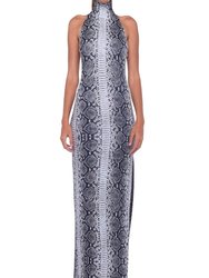 Halter Turtle Side Slit Gown In Black/White Python - Black/White Python