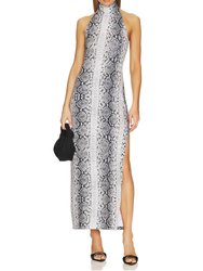 Halter Turtle Side Slit Gown In Black/White Python