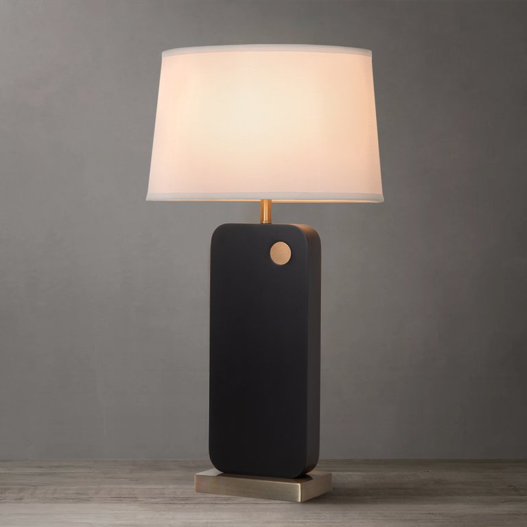 Laurel Table Lamp - Ebony Wood Finish, Weathered Brass, White Linen Shade