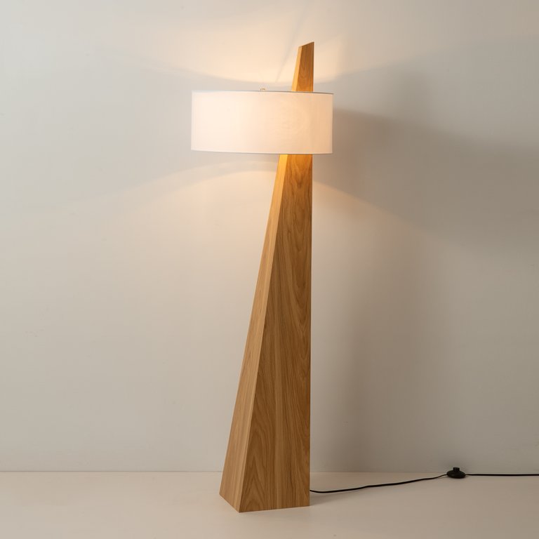 Obelisk Table Lamp - Natural Ash Wood Finish, White Cotton-Linen Shade