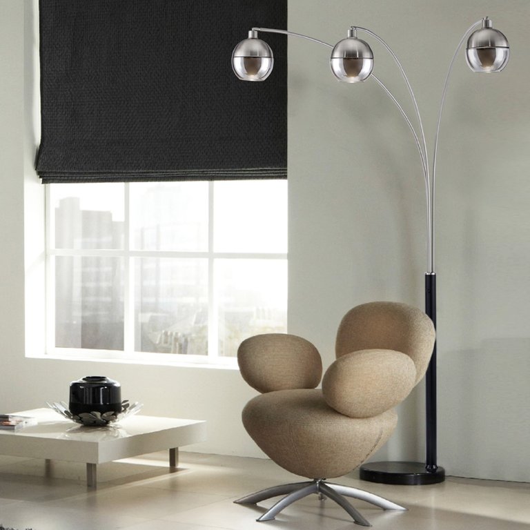 Orson 3 Light Arc Floor Lamp - 84″, Matte Black, Brushed Nickel, mouthblown glass, Dimmer Switch, Marble base - Brushed Nickel