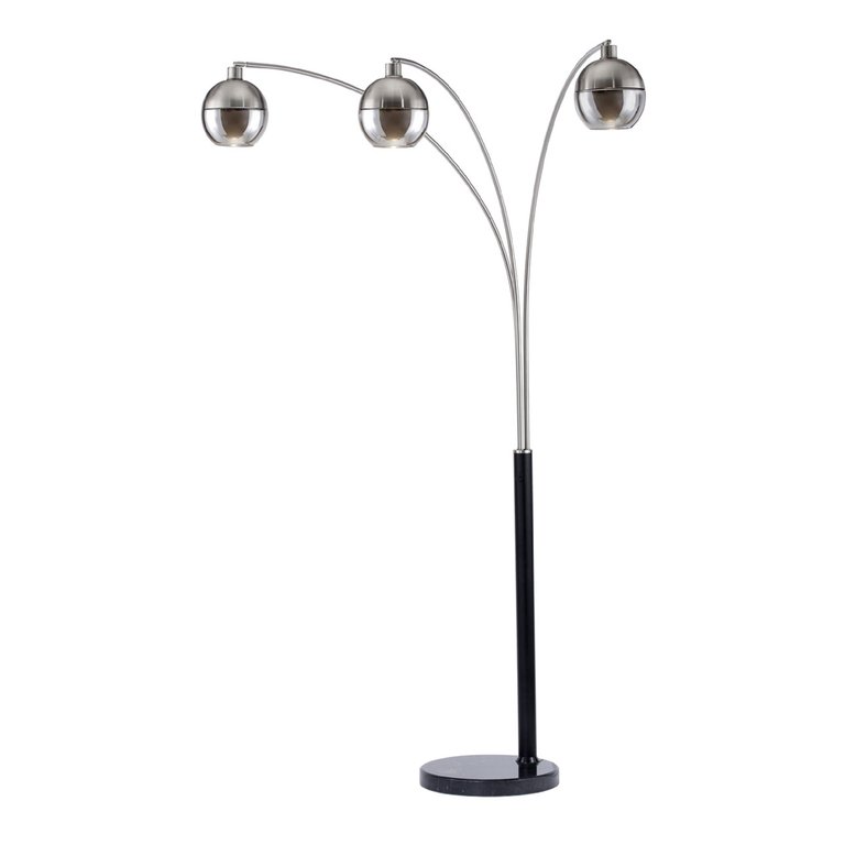 Orson 3 Light Arc Floor Lamp - 84″, Matte Black, Brushed Nickel, mouthblown glass, Dimmer Switch, Marble base