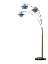 Palm Springs 3 Light Arc Floor Lamp - 84", Weathered Brass and Blue tonal shades, Dimmer Switch, Marble base