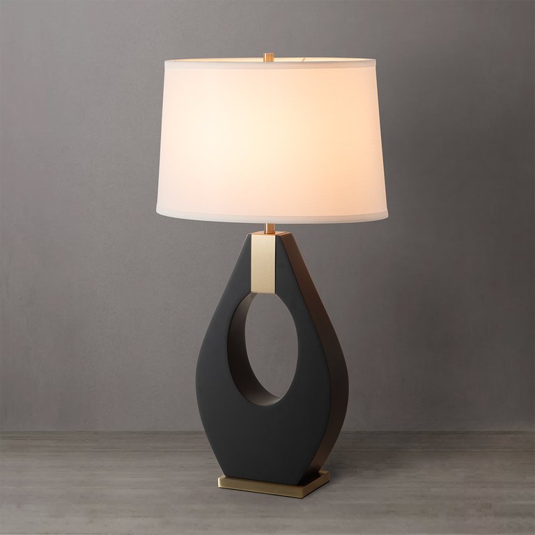 Pearson Table Lamp - Ebony Wood, Weathered Brass, White Cotton-Linen Shade - Ebony & Weathered Brass