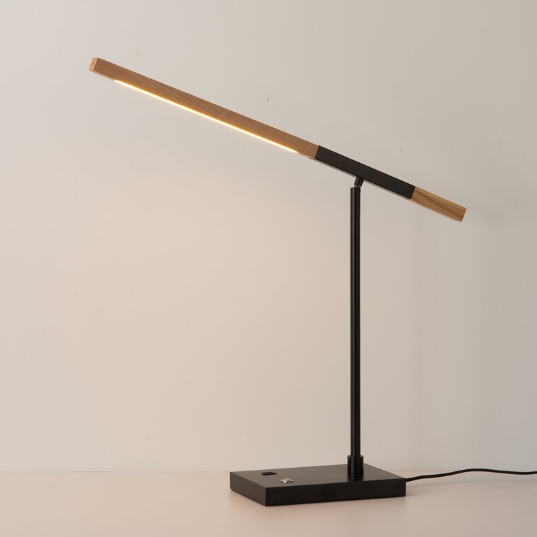 Port Table Lamp - Matte Black, Natural Ash Wood Finish, USB, Touch Dimmer Switch