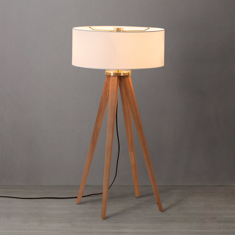 Quattro Table Lamp - Natural Ash Wood Finish & Weathered Brass, White Linen Shade