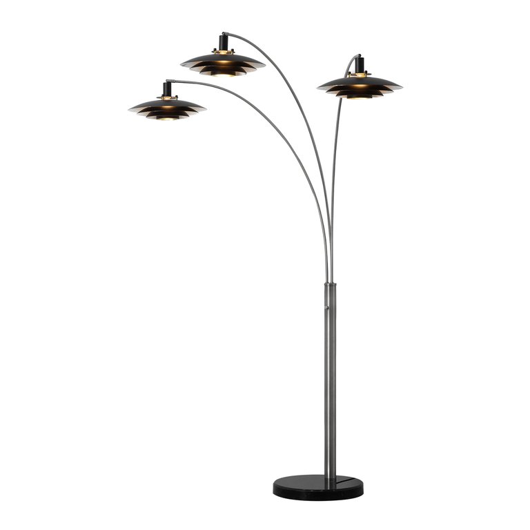 Rancho Mirage 3 Light Arc Floor Lamp - 84", Antique Nickel finish, Matte Black & Silver-Leaf Shade, Dimmer Switch, Marble base