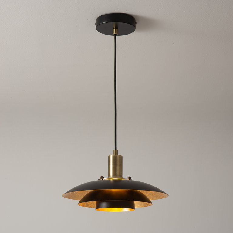 Rancho Mirage Small Pendant Light - Matte Black & Gold-Leaf Shade, Weathered Brass