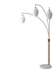 Santa Clara Bone Porcelain 3 Light Arc Floor Lamp - 85", Weathered Brass and Walnut, 4-Way Rotary Switch, Marble base