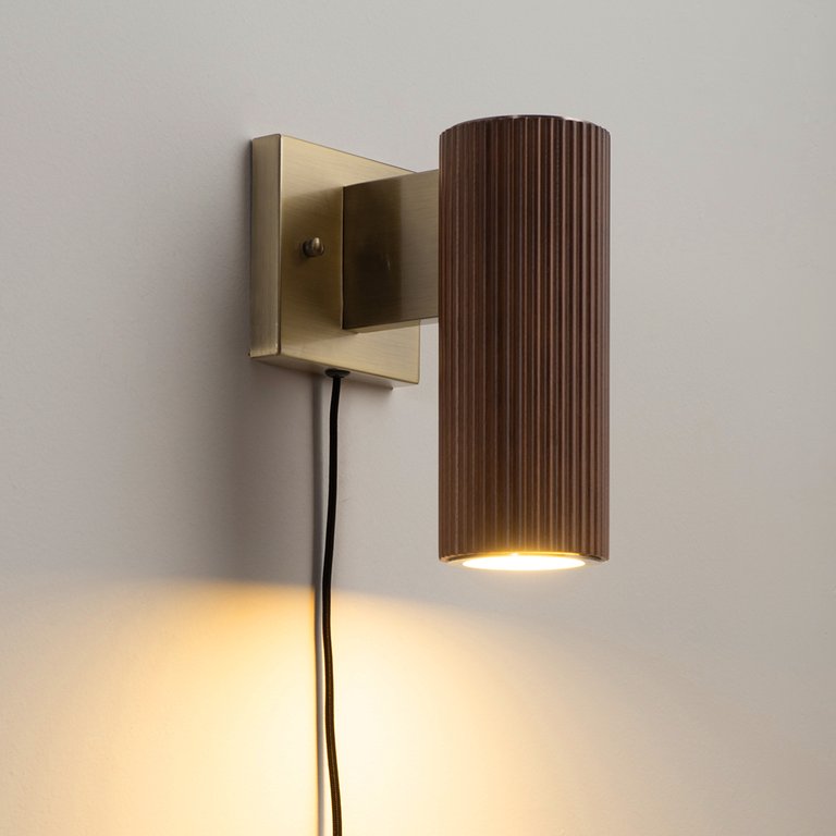 Tambo Wall Sconce - Dark Walnut Wood Finish, Weathered Brass, Dimmer