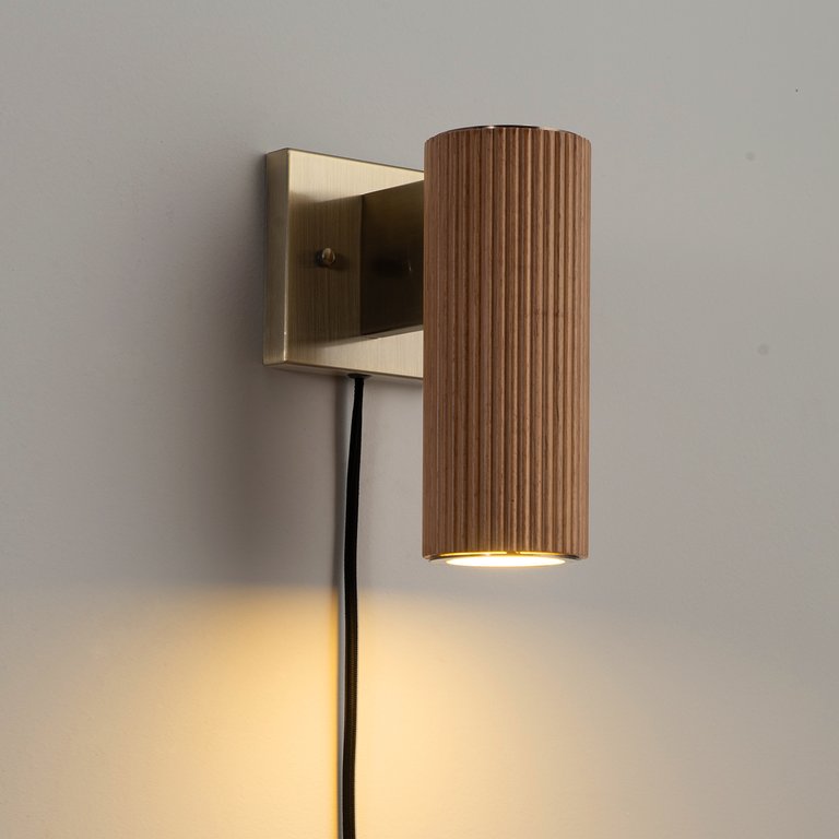 Tambo Wall Sconce - Natural Ash Wood Finish, Weathered Brass, Dimmer