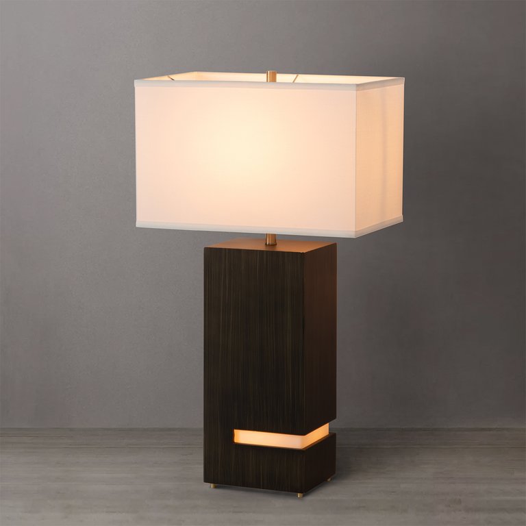 Zen Standing Table Lamp - Gilded Ebony Wood Finish, Weathered Brass, White Linen Shade