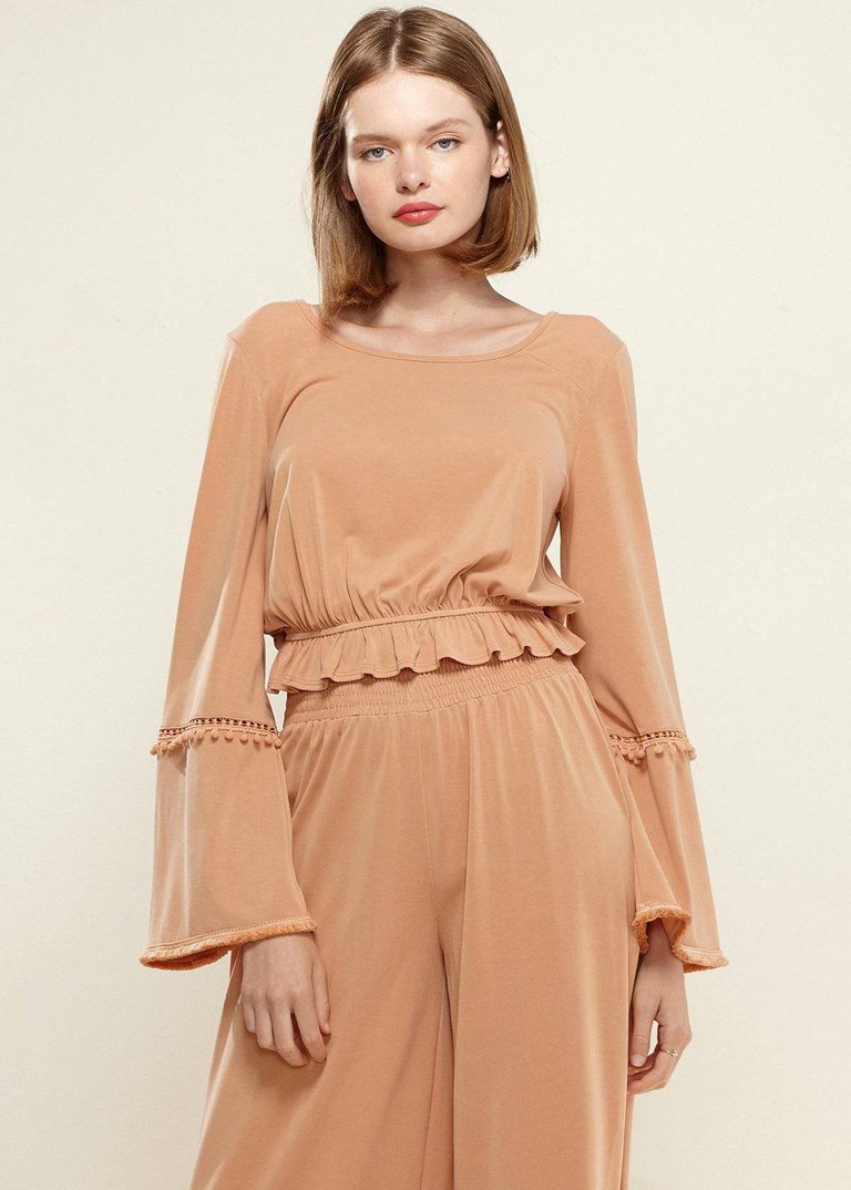 Fringe Cuff Bell Sleeve Top in Apricot - Apricot