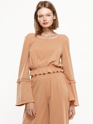 Fringe Cuff Bell Sleeve Top in Apricot