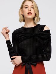 Open Shoulder Stripe Velvet Top - Black