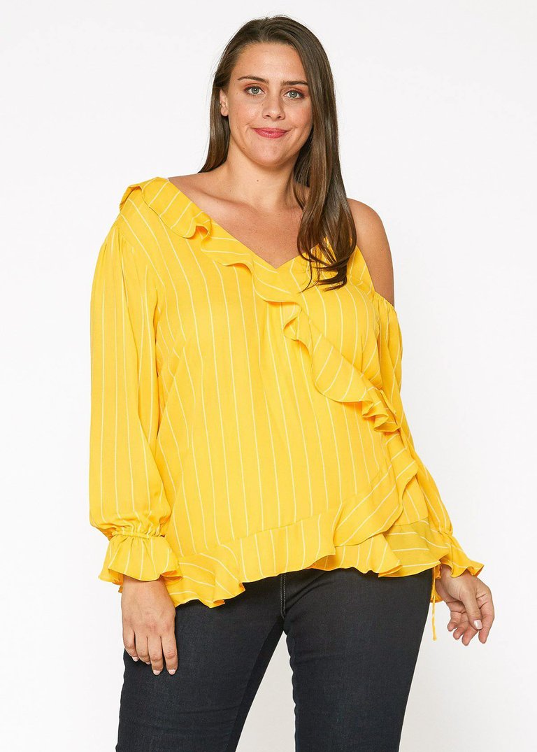 Plus Size Asymmetrical Shoulder Ruffle Blouse - Yellow - Yellow