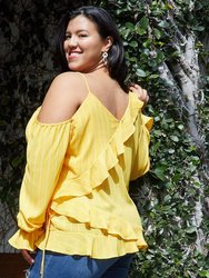 Plus Size Asymmetrical Shoulder Ruffle Blouse - Yellow