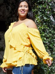 Plus Size Asymmetrical Shoulder Ruffle Blouse - Yellow